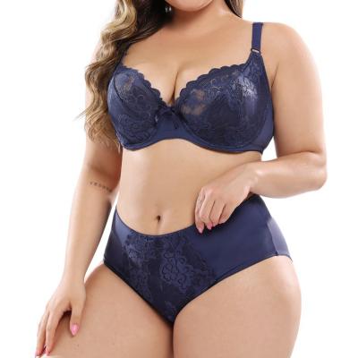 China Breathable 36~46 E Cup Plus Size Lace Bra Panty Set Underwire Bra Mid Waist Briefs Set Embroidered Women Bra And Panty Sets for sale