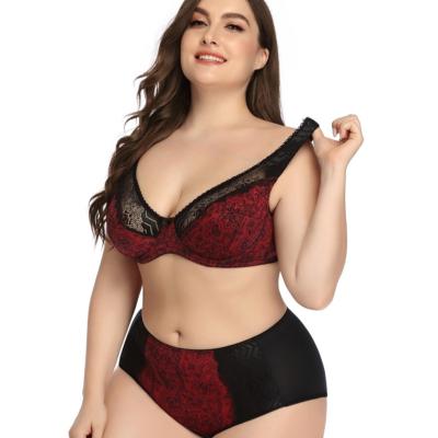 China Plus Size Women Two Piece Underwear Set Lift Up Plus Size Bra Floral Print Sexy Slim Underwire Bra Bralette And Pant for sale