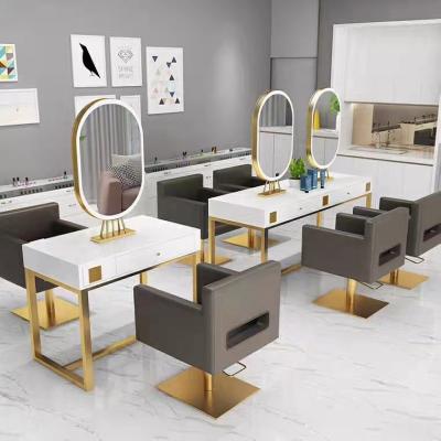 China Modern hot sale hair salon bilateral styling mirrors barber station lockers cabinets mirror table for sale