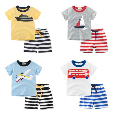 China Spring Summer Wholesale Casual Kids Clothes O-neck Set Cartoon Toddler Boy Striped Outfit Sets for sale