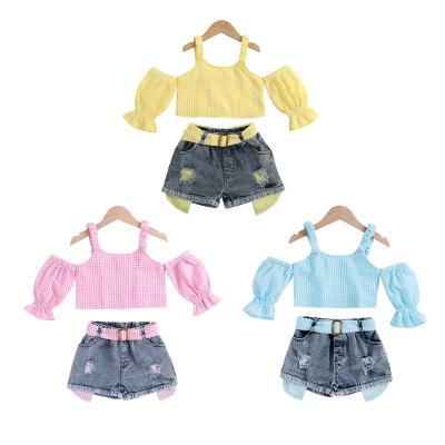 China Casual High Quality Clothing For Child Sweet Bridle Off The Shoulder Bubble Sleeve Toddler Girl Summer Outfit for sale