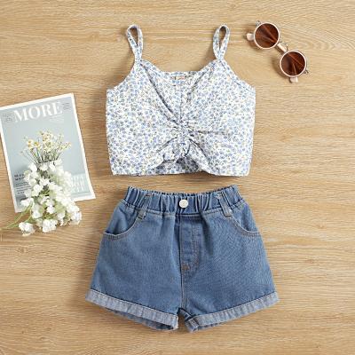 China Wholesale 2022 Floral Casual Cotton Clothing Kids Camisole Denim Shorts Girls Summer Two-Piece Outfits for sale