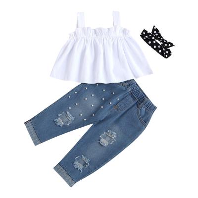 China Denim Casual Suit Girls White Sleeveless Sling Tops Ripped Jeans With Headband Kids Summer Dress Set Kids for sale