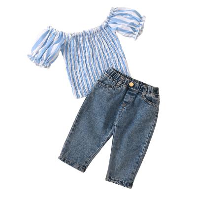 China 2022 New Baby Casual Set Design Lantern Sleeve Girls Striped Denim Suit With Pockets for sale