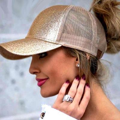 China COMMON In vogue Gold net hat for women Back sequined ponytail baseball cap cotton solid hat for sale