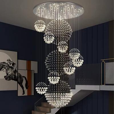 China Large Ceiling Mount Foyer Chandeliers Staircase Chandelier With Raindrop Spiral Crystal Design Sphere Pendant Light Flush Mount for sale