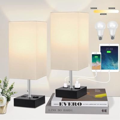 China Stereoscopic Placing Modern Color Temperature 3 Lamp Set Of 2, Desk Lamp With USB Port And AC Outlet, Small Bedside Desk Lamp With White Shade for sale