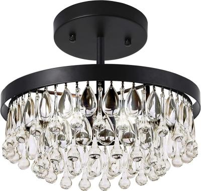 China Vintage Exterior Mounted Black LED Crystal Proximity Ceiling Light 3 Lights Dimmable Round Chandelier Tiered Metal Recessed Ceiling Lamp for sale