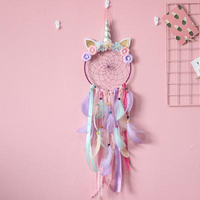 China Handmade India Unicorn Dream Catcher Colorful Dream Catcher Flower Feather Boho Decor for Babies Kids Bedroom Wall Hanging Decorums for sale