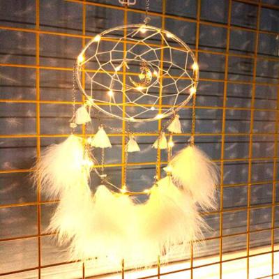 China New India Style Dream Moon Catcher Design Handmade White Feather Wall Hanging Decoration Ornament Craft Gift LED Home Decor for sale