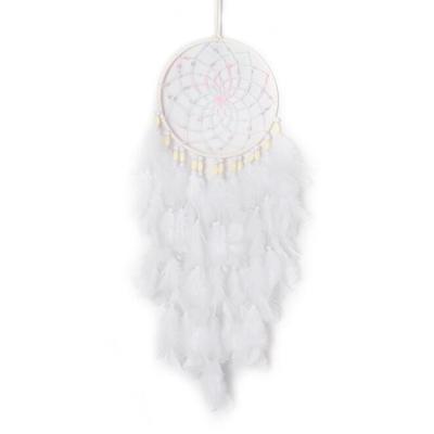 China Handmade Boho Wedding White Feather Catcher Bohemian Dreamy Wall Hanging Decoration for Girls and Boys Bedroom Craft Christmas Decor for sale