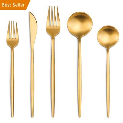 China Sustainable Portugal Stainless Steel Spoon Set Matte Golden Metal Silverware Wedding Flatware Bulk Gold Plated Supply Cutlery for sale