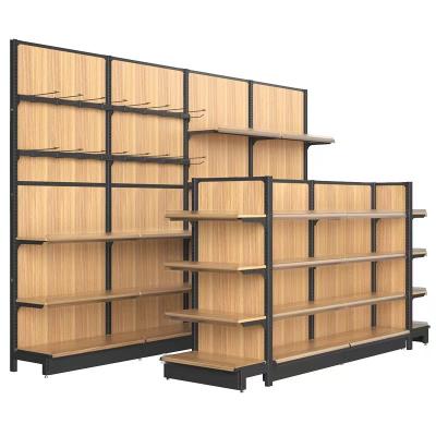 China High Quality Double Sided Bilateral Store Shelves Display Cabinets Wooden Store Shelves Display Stand Rack for sale