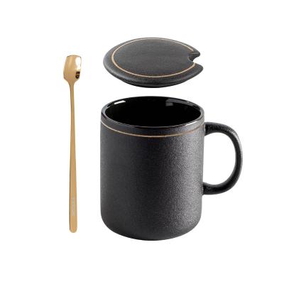 China Viable Hot Selling Insulated Gold Line Tea Cup Ceramic Mugs Food Gift Box Package Black Coffee Mug With Lid for sale