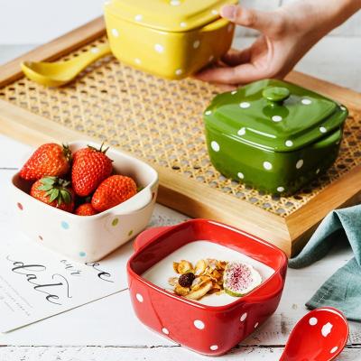 China 2022 New Arrival Hand Painted Square Tableware Sustainable Ceramic Cookware Polka Dot Ceramic Soup Bowl With Lid for sale