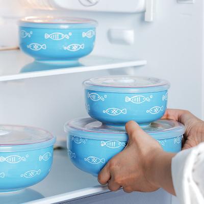 China Disposable Porcelain Keep Cool Refrigerator Kitchen Microwave Dinnerware Lunch Bowl Ceramic Storage Bowl With Lid for sale