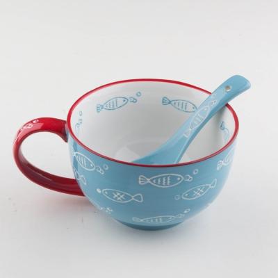 China Hand Viable New Product Blue Paint Large Ceramic Milk Tea Mug With Red Handle for sale