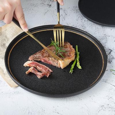 China Disposable Porcelain Dinnerware Disposable Stoneware Dishes Ceramic Black Look Cast Iron Dinner Plate With Gold Rim for sale