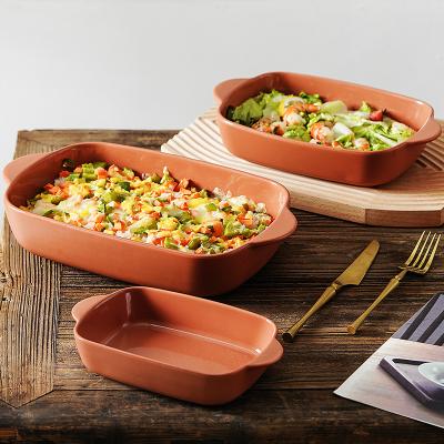 China Viable Ceramic Pan Tray Bakeware Porcelain Heat Resistant Baking Kitchen Customized Two Helper Bakeware Handles for sale