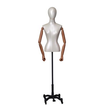 China Other Egg Head Half Body Leather Wrapped Female Half Body Mannequin Cloth Dummy With Wooden Arm Pulley Base for sale