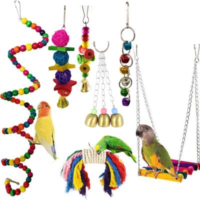 China Stocked Hot Selling Parrot Bite Bird Chew Toy Parrot Swing Bell String Rattan Ball Bite Set for sale