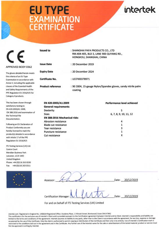 EU TYPE EXAMINATION CERTIFICATE - Shanghai Pafa Products Co., Ltd.