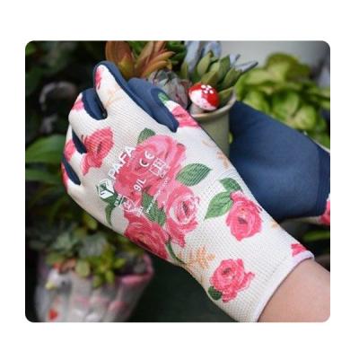 China Thin Flower Knit 13 Gauge Seamless Nylon Ladies Gardening Blue Latex Gloves for sale