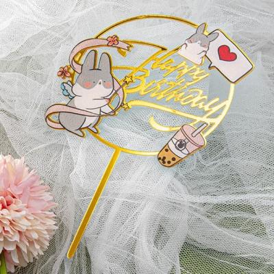 China 2022 Cute Acrylic Rabbit Bubble Tea Girl Decoration HAPPY BIRTHDAY Cake Topper Baking Cake Topper Supplies for sale