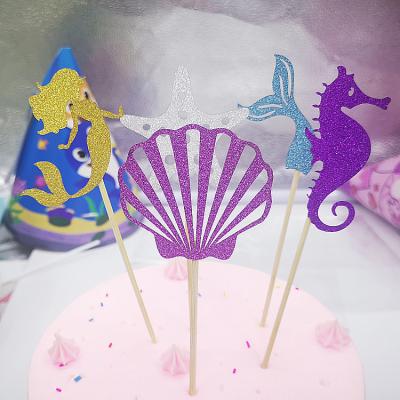 China 2022 Paper Back To School Party Supplies Glitter Powder Mermaid Baking Seahorse Shell Decoration Birthday Cake Topper for sale