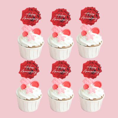 China Round Acrylic Rose Happy Birthday Cake Decoration Valentine's Day Birthday Cupcake Toppers 5CM for sale