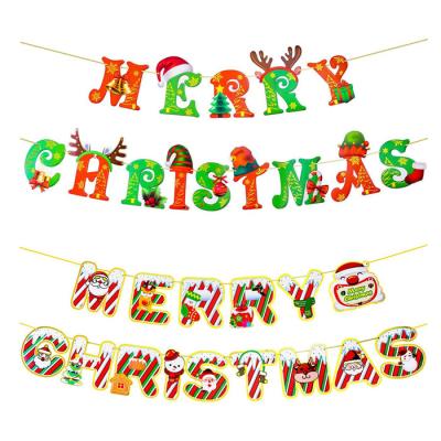 China 2022 Christmas party supplies cartoon stripe letter banner glitter powder MERRY CHRISTMAS bunting paper flag for sale