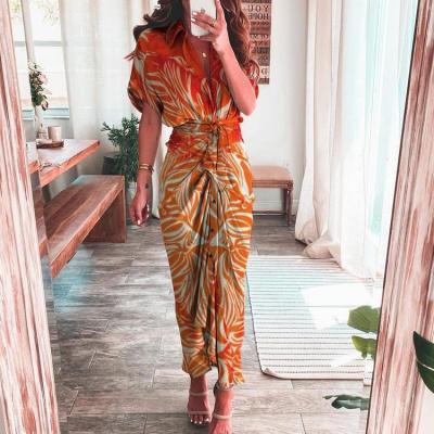 China Anti-Static Popular Elegant Ladies Spring Summer Women Sheath Print V-Neck Ruffle Hem Casual Short Dresses Clothing for sale