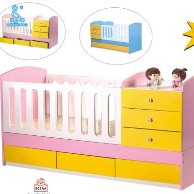 China Various Modern Cartoon Printing Baby Furniture Cradle Bed 2 In 1 Foldable Solid Wood Baby Crib 96X56X178cm Adjustable With Cabinet for sale