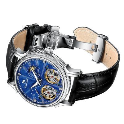 China 2020 Luxury Automatic Mechanical Wristwatch Moonphase Diamond Private Label Double Tourbillon Genuine Leather Watch for sale