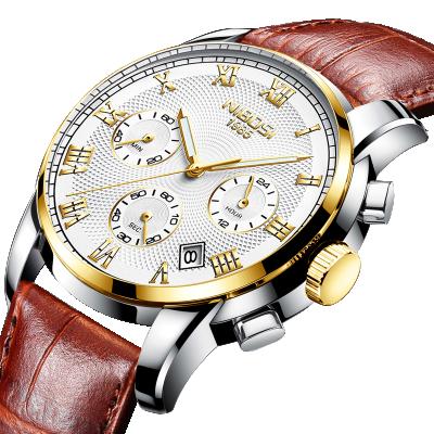 China NIBOSI 2302 Chronograph Men Watch Three Dial Day Display Leather Strap Male Quartz Watch Wristwatch for sale