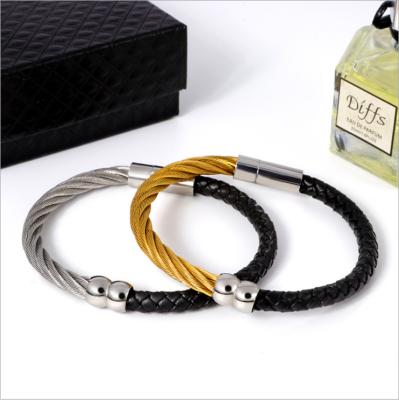 China The other new titanium steel punk rope couples bracelet style steel wire woven leather color magnet open bracelet for sale