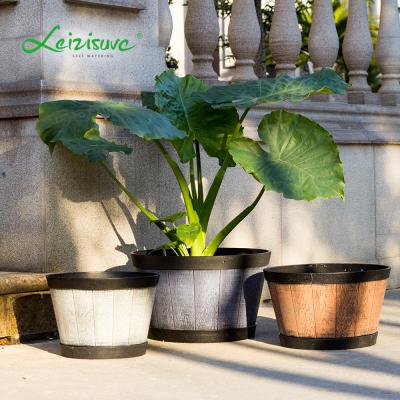 China Leizisure CLASSIC Wood Looking Half Barrel Big Round Bowl Tapered Plastic Planter for sale