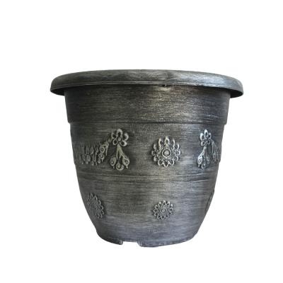 China Eco-Freindly Leizisure Mix Round Copper Painted Plastic European Archaize Pattern Engraving Planter Flower Pot for sale