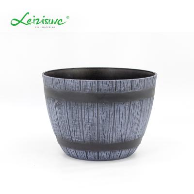 China Wine Leizisure Texture Plastic Flower Pot Decorative Wooden Barrel Planter for sale