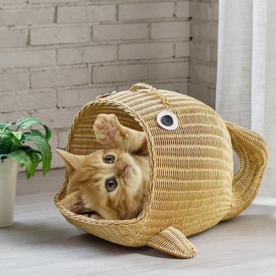 China Waterproof Fashion Wooden Cat House Fish Shaped Cat's Nest Rattan Cat House for sale