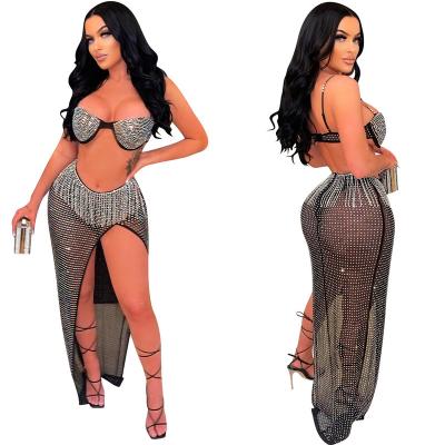 China 2022 new fashion anti-static sexy transparent diamond mesh top transparent diamond tube skirt irregular skirt suit for sale