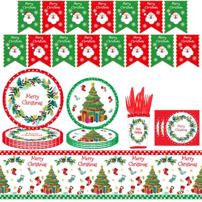 China Disposable Eco-friendly Merry Christmas Party Supplies Tablecloth Paper Plate Tableware Happy New Year Decoration Set for sale