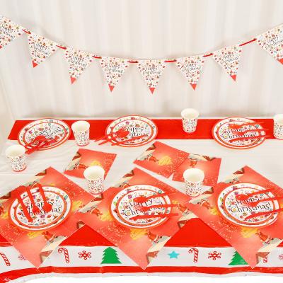 China Disposable Santa Merry Christmas Happy New Year Party Decoration Eco-friendly Tablecloth Dinner Dish Cup Banner Flag for sale