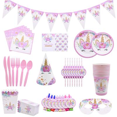 China Colorful Eco-friendly Disposable Supplies Unicorn Theme Party Favor Included Unicorn Cup Plate Tableware Birthday Party Set for sale