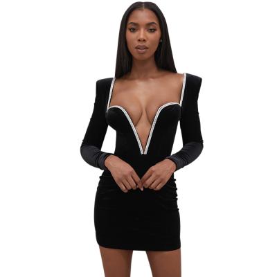 China JillPeri's Crystal Women Winter Velvet Cable Dress Padded Shoulder Sexy Deep V-Neck Breathable Bodycon Long Sleeve Diamante Team Dress for sale