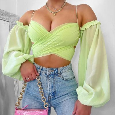 China Ladies One Piece Mesh Lining Off Shoulder Back Vintage Chiffon QUICK DRY Long Sleeve Vacation Set Mini Casual Top for sale