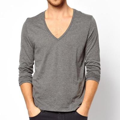 China New Arrival Anti-pilling Long Sleeve Cotton Deep V Neck T Shirts For Man for sale