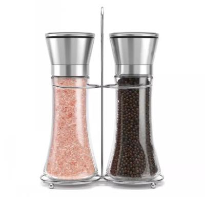 China Amazon Sustainable Wholesale SS304 Manual Glass Salt And Pepper Grinder 180ml Eco-Friendly With Metal Stand for sale