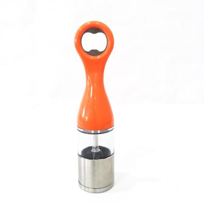 China Sustainable Kitchen Accessories Stainless Steel Plastic Manual Salt And Pepper Grinder With Beer Opener for sale