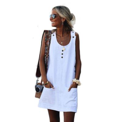 China 2020 fashions T-shirt solid color o neck breathable summer casual button sleeveless dress with pockets for women for sale